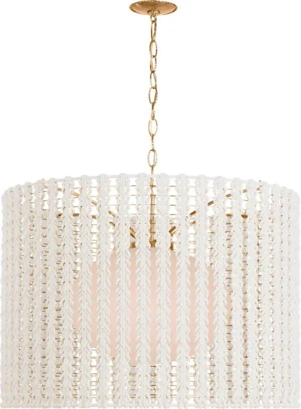 The Catania 40" pendant combines coastal elegance with organic texture through its cream braided rope accent and antique brass finish. This oversized fixture makes a dramatic statement in large spaces while maintaining warmth and approachability.