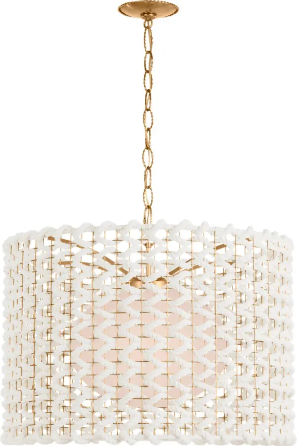 The Catania 30" pendant combines warm antique brass with handcrafted cream woven rope for a sophisticated coastal aesthetic. Its generous scale makes it perfect for anchoring dining rooms or large kitchen islands with organic texture.