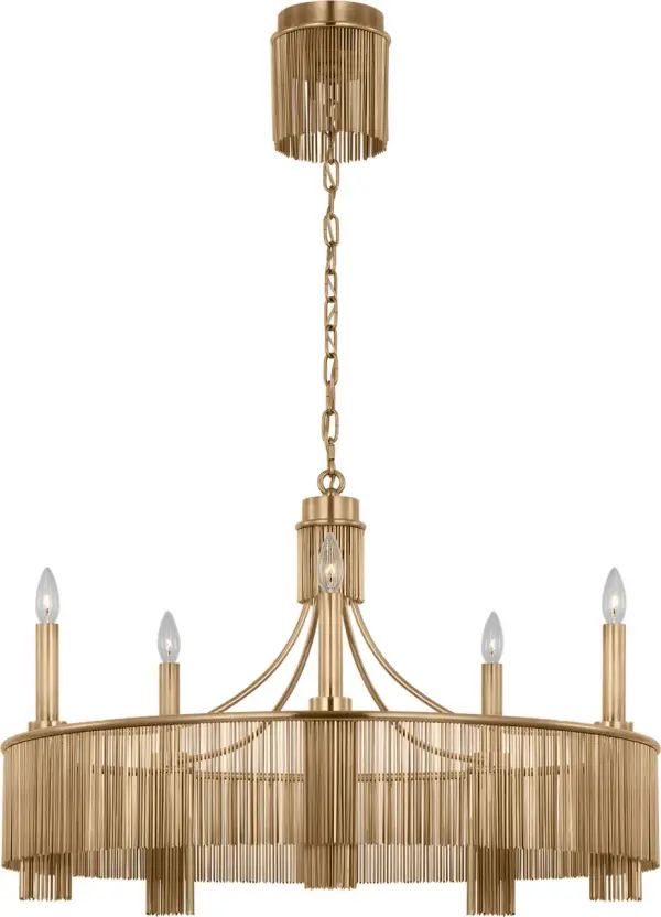 The Sutton 34" Chandelier combines classic elegance with contemporary proportions. Its antique-burnished brass finish and clear glass shades create a refined statement piece perfect for formal dining rooms and grand entryways.