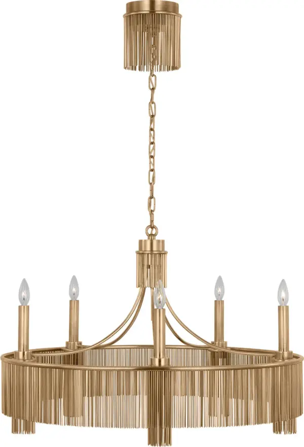 The Sutton 34" Chandelier combines classic elegance with contemporary proportions. Its antique-burnished brass finish and clear glass shades create a refined statement piece perfect for formal dining rooms and grand entryways. - alternate view
