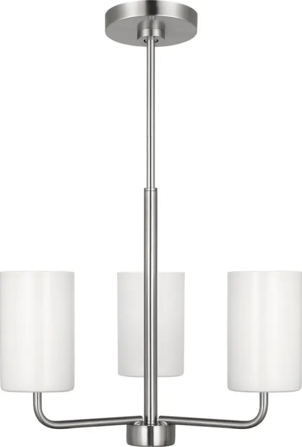 The Rhett Three Light Chandelier brings modern sophistication to any space with its minimalist design and brushed nickel finish. Perfect for smaller dining areas and kitchen islands, this fixture offers versatile style at an accessible price point.