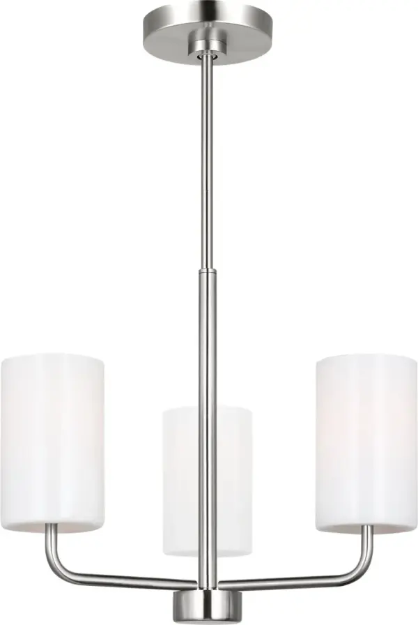 The Rhett Three Light Chandelier brings modern sophistication to any space with its minimalist design and brushed nickel finish. Perfect for smaller dining areas and kitchen islands, this fixture offers versatile style at an accessible price point. - alternate view