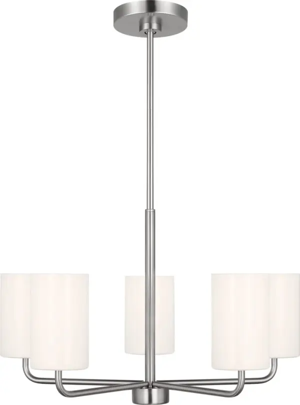 The Rhett Medium Chandelier brings modern sophistication with its clean-lined design and simple round shape. The brushed steel finish offers versatility while the five-light configuration provides ample illumination for medium-sized spaces. - alternate view