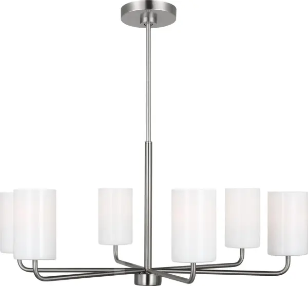 The Rhett Six Light Chandelier brings modern sophistication to any space with its clean-lined design and simple round shape. The brushed nickel finish adds a refined metallic touch that complements contemporary interiors.