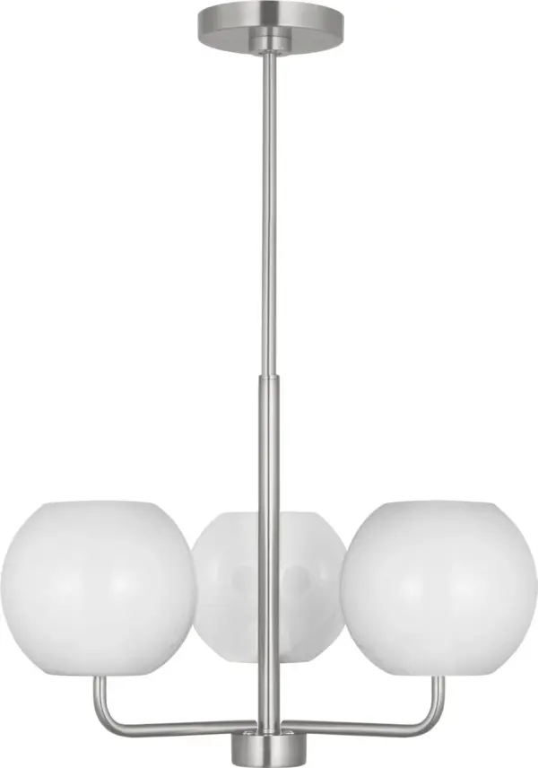 The Rory chandelier offers transitional styling with a brushed nickel finish that complements both modern and traditional interiors. Its compact three-light design provides focused illumination perfect for smaller dining areas and intimate spaces.