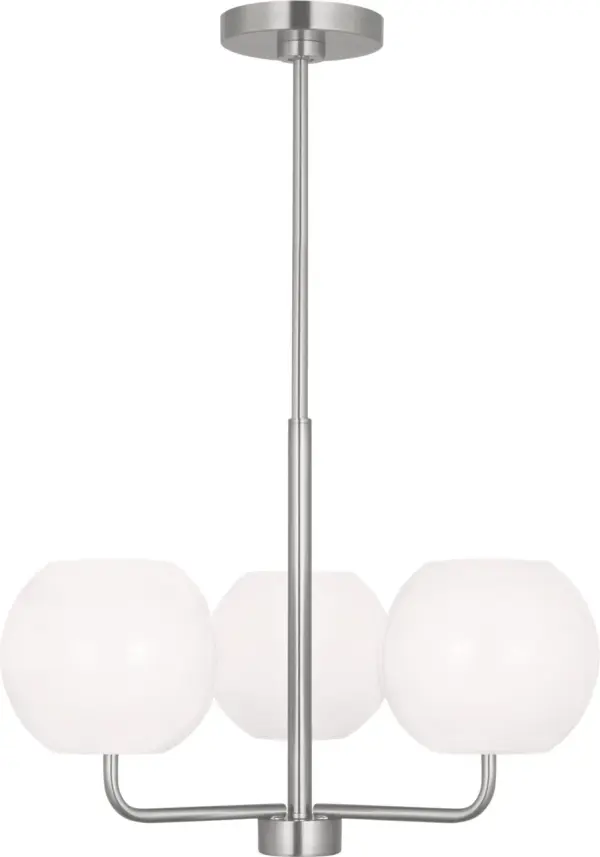 The Rory chandelier offers transitional styling with a brushed nickel finish that complements both modern and traditional interiors. Its compact three-light design provides focused illumination perfect for smaller dining areas and intimate spaces. - alternate view