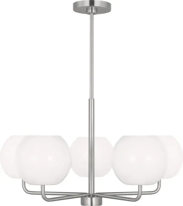 The Rory chandelier combines transitional elegance with modern simplicity. Its brushed nickel finish and five-light configuration provide ample illumination while maintaining a refined aesthetic suitable for various interior styles. - alternate view