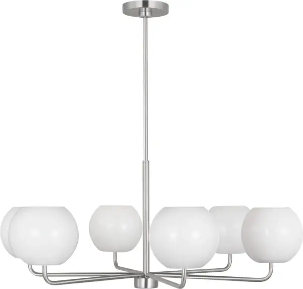 The Rory chandelier combines transitional elegance with modern simplicity. Its six-light configuration and brushed nickel finish make it a versatile choice for dining rooms, foyers, and living spaces.