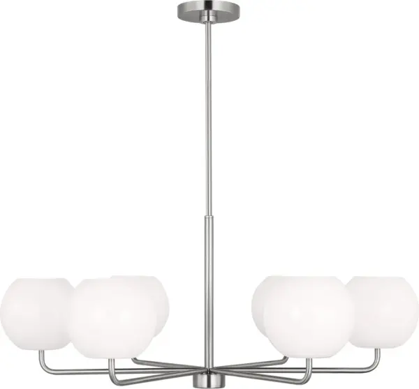 The Rory chandelier combines transitional elegance with modern simplicity. Its six-light configuration and brushed nickel finish make it a versatile choice for dining rooms, foyers, and living spaces. - alternate view