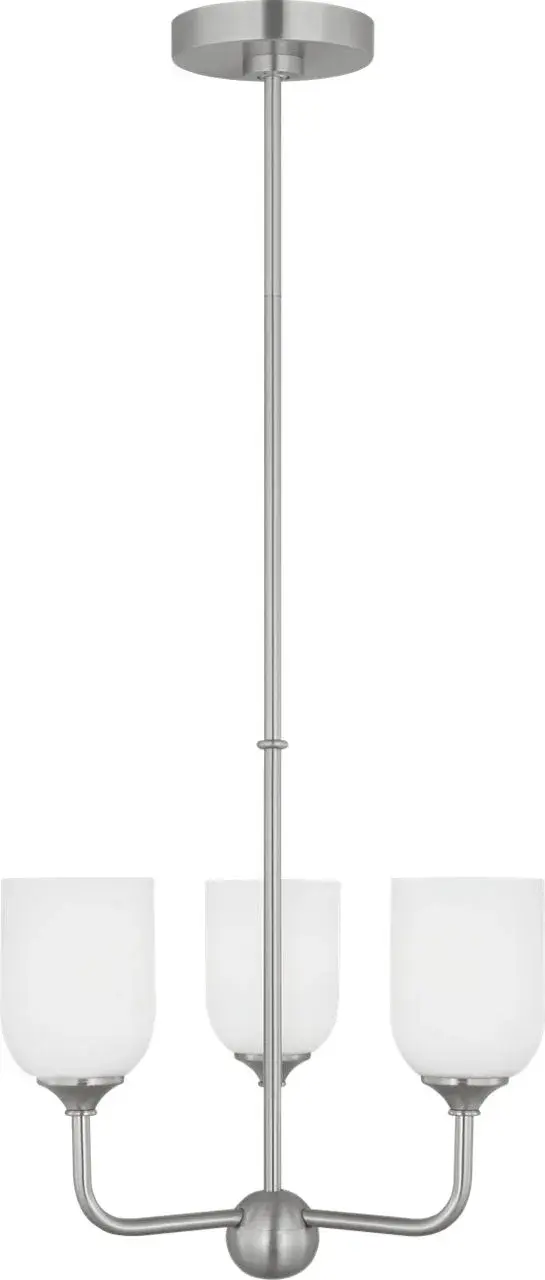 The Emile Small Chandelier combines transitional elegance with contemporary styling in a compact three-light design. Its brushed steel finish offers versatile appeal for intimate dining spaces and smaller rooms. - alternate view