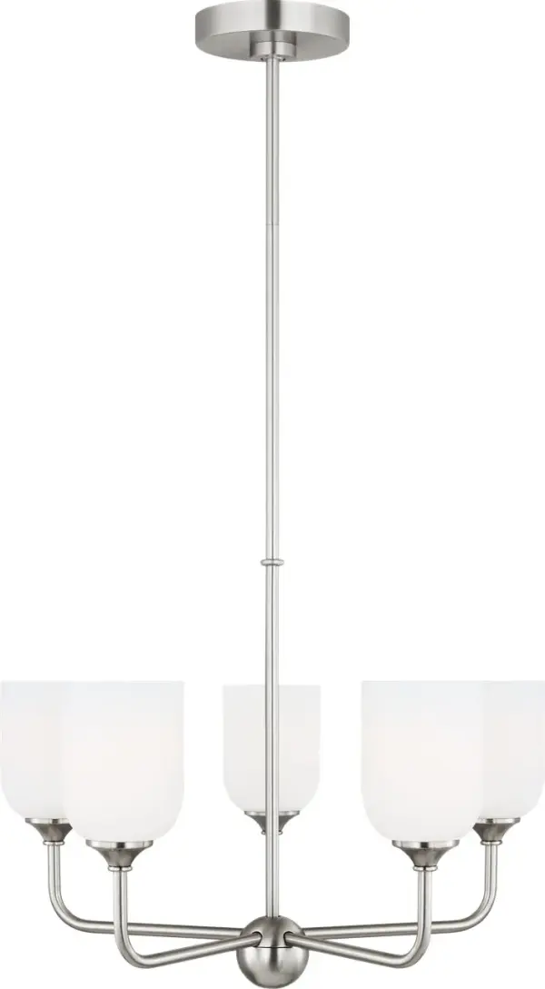 The Emile Medium Chandelier combines transitional design with a sophisticated brushed steel finish. Its five-light configuration provides ample illumination while maintaining an elegant profile suitable for various interior styles.