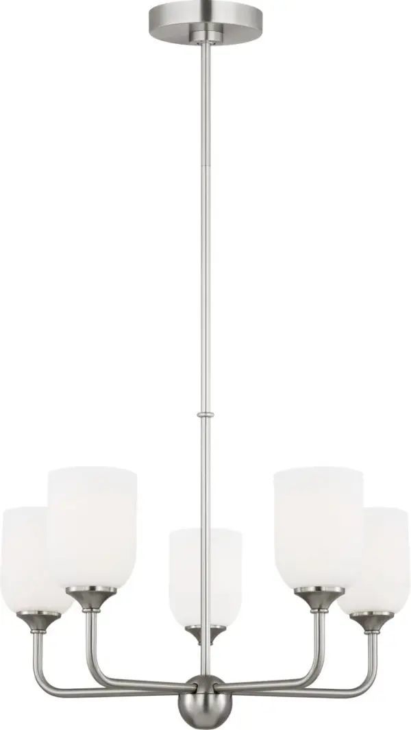 The Emile Medium Chandelier combines transitional design with a sophisticated brushed steel finish. Its five-light configuration provides ample illumination while maintaining an elegant profile suitable for various interior styles. - alternate view