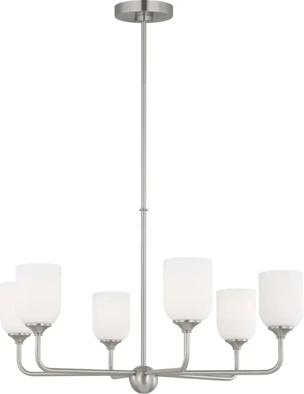 The Emile Large Chandelier brings modern elegance to spacious interiors with its brushed steel finish and substantial six-light design. Perfect for making a statement in dining rooms and entryways.