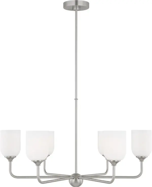 The Emile Large Chandelier brings modern elegance to spacious interiors with its brushed steel finish and substantial six-light design. Perfect for making a statement in dining rooms and entryways. - alternate view