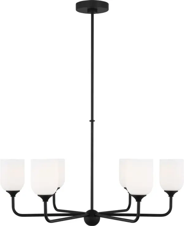 The Emile Large Chandelier makes a dramatic impact with its six-light configuration and striking Midnight Black finish. Perfect for contemporary and transitional spaces, this fixture combines bold design with versatile styling. - alternate view