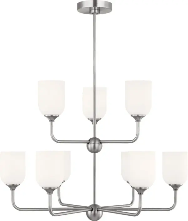 The Emile Extra Large Chandelier combines substantial scale with refined brushed steel finish, creating a sophisticated focal point for spacious interiors. Nine lights provide ample illumination while the contemporary design complements both modern and transitional aesthetics. - alternate view