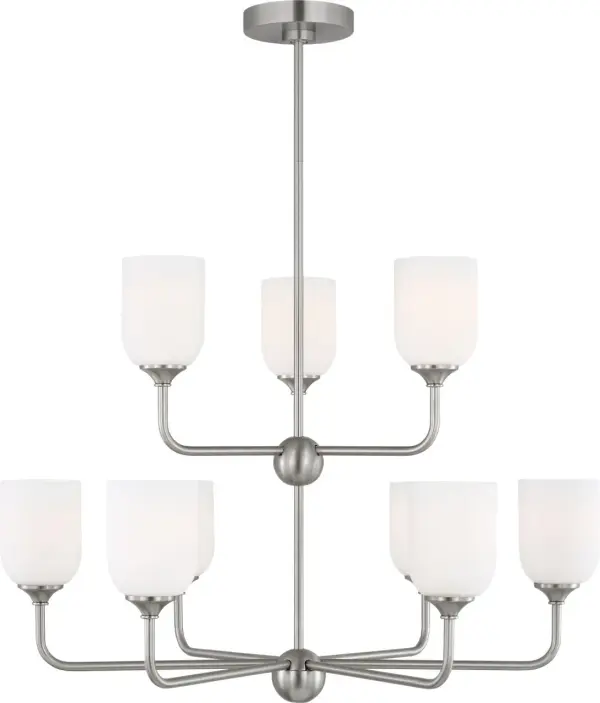 The Emile Extra Large Chandelier delivers dramatic impact with its nine-light configuration and brushed steel finish. Perfect for grand spaces requiring substantial illumination and visual presence.