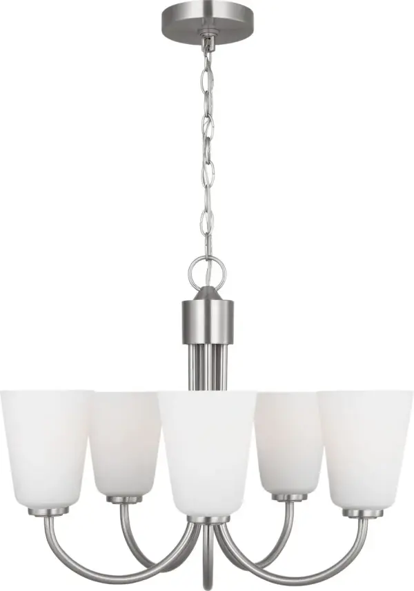 The Miles Medium Chandelier features four tapered glass diffusers arranged around a balanced armature, delivering evenly distributed, diffused light. Its transitional design with brushed nickel finish adapts seamlessly to various interior styles.
