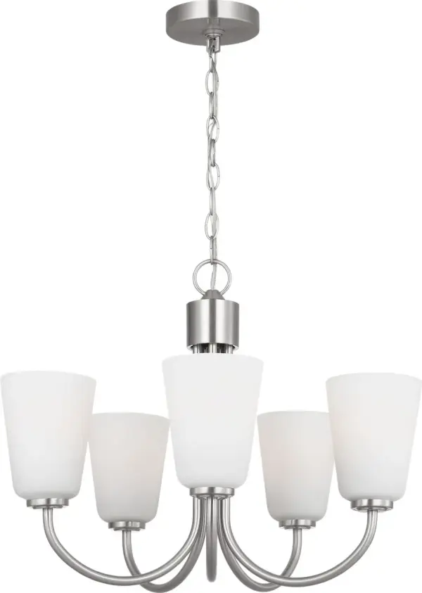The Miles Medium Chandelier features four tapered glass diffusers arranged around a balanced armature, delivering evenly distributed, diffused light. Its transitional design with brushed nickel finish adapts seamlessly to various interior styles. - alternate view