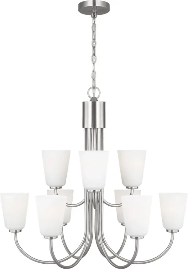 The Miles Large Chandelier combines brushed nickel elegance with etched glass diffusers for sophisticated, glare-free lighting. Perfect for dining rooms and vaulted spaces requiring generous illumination with refined style.
