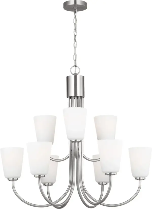 The Miles Large Chandelier combines brushed nickel elegance with etched glass diffusers for sophisticated, glare-free lighting. Perfect for dining rooms and vaulted spaces requiring generous illumination with refined style. - alternate view