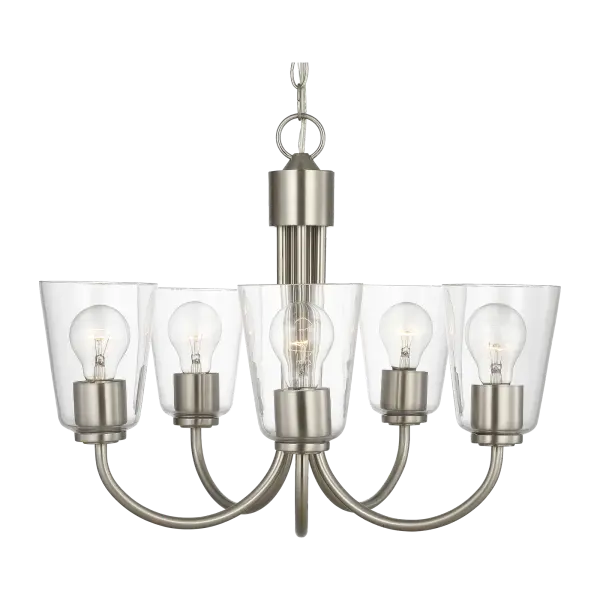 The Miles Medium Chandelier combines traditional form with contemporary styling through its balanced armature and tapered glass diffusers. The brushed nickel finish and clear glass provide diffused, evenly cast light suitable for multiple interior settings.