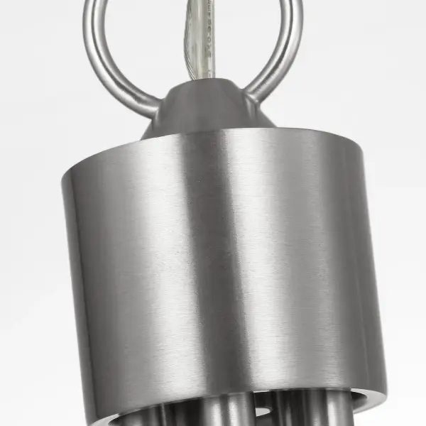The Miles Medium Chandelier combines traditional form with contemporary styling through its balanced armature and tapered glass diffusers. The brushed nickel finish and clear glass provide diffused, evenly cast light suitable for multiple interior settings. - alternate view