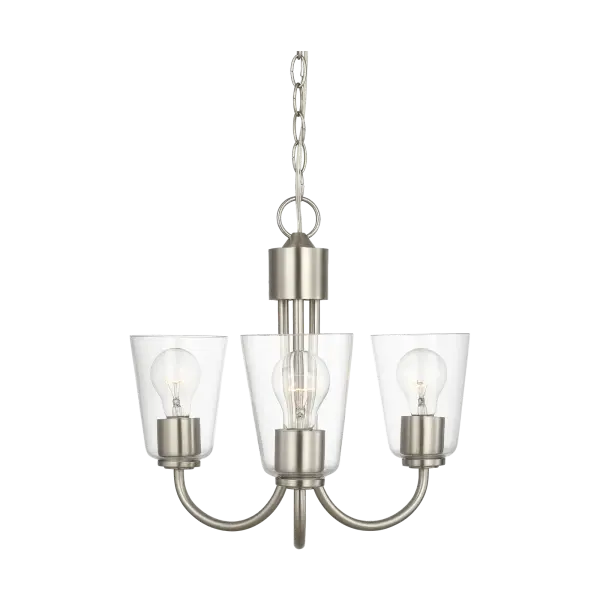 The Miles Small Chandelier delivers gentle, diffused lighting through etched glass shades in a compact three-light design. Its brushed nickel finish and transitional styling make it adaptable to various interior aesthetics.