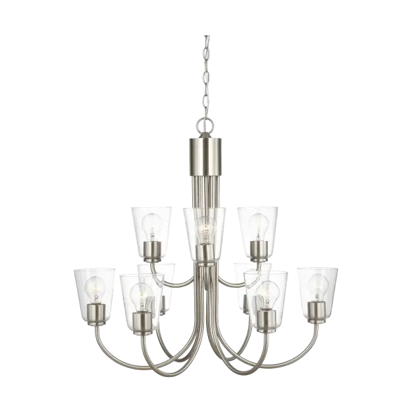 The Miles Large Chandelier delivers generous, glare-free lighting through nine etched glass diffusers on an expansive frame. Perfect for primary dining rooms, vaulted living spaces, or grand entryways requiring substantial yet refined illumination.