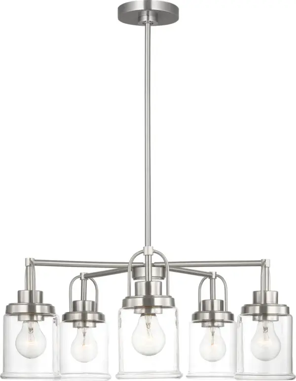 The Anders chandelier delivers classic five-light illumination in a refined brushed nickel finish. Its transitional design bridges traditional and contemporary aesthetics, making it adaptable to various interior styles.