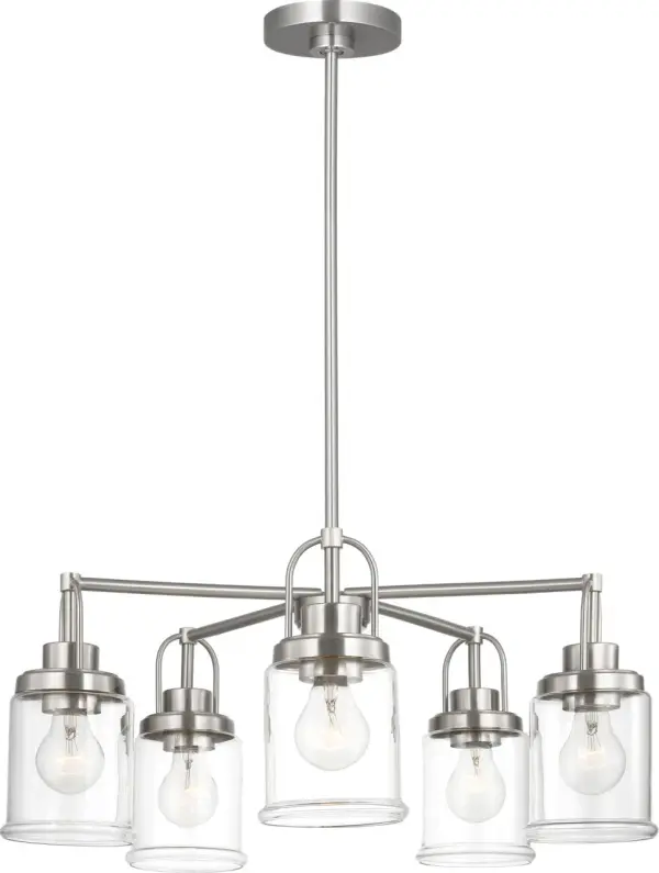The Anders chandelier delivers classic five-light illumination in a refined brushed nickel finish. Its transitional design bridges traditional and contemporary aesthetics, making it adaptable to various interior styles. - alternate view