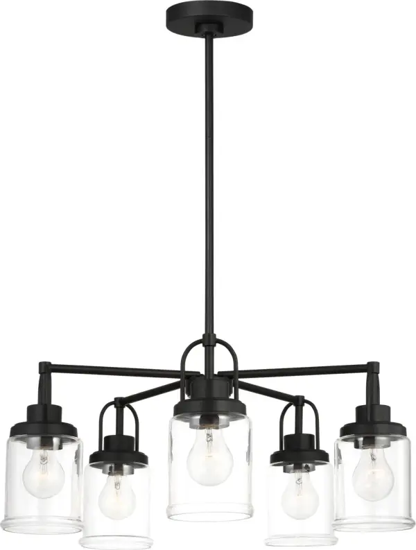 The Anders five-light chandelier makes a dramatic statement with its midnight black finish and modern silhouette. Perfect for contemporary dining spaces and kitchen islands, this fixture combines industrial edge with refined design.
