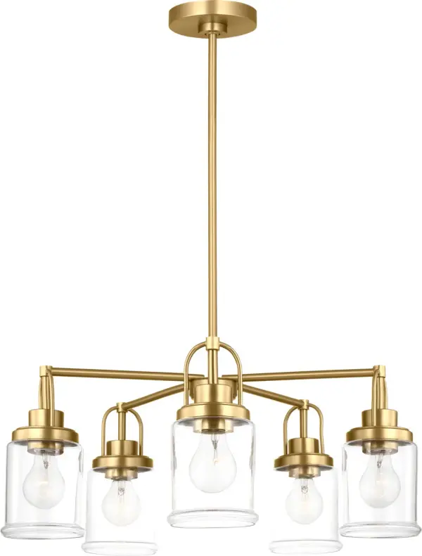 The Anders chandelier brings sophisticated style with its five-light design and warm satin brass finish. Perfect for dining rooms and kitchen islands, this transitional fixture offers versatile appeal at an accessible price point.