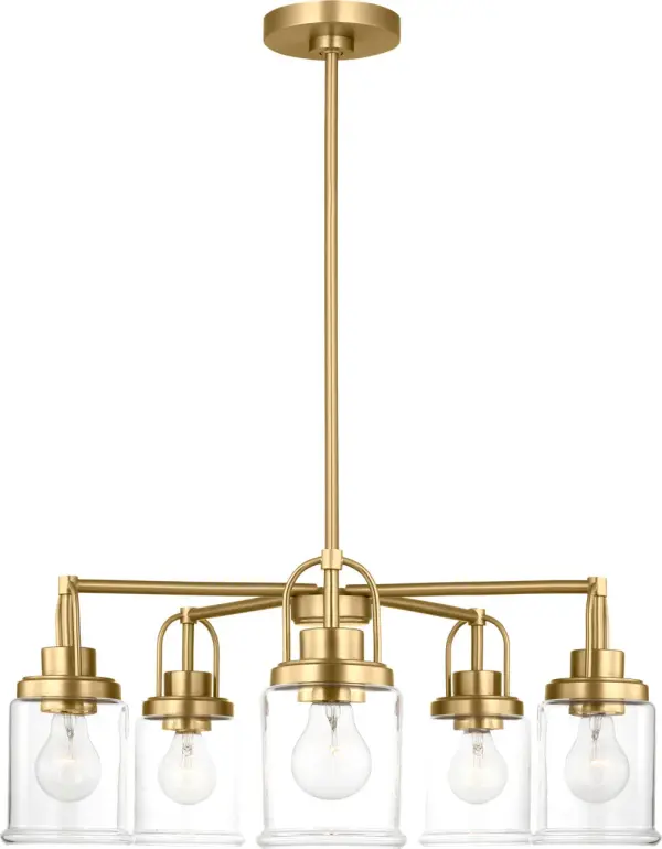 The Anders chandelier brings sophisticated style with its five-light design and warm satin brass finish. Perfect for dining rooms and kitchen islands, this transitional fixture offers versatile appeal at an accessible price point. - alternate view