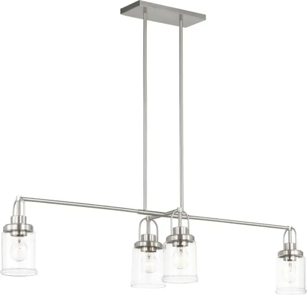 The Anders chandelier combines clean lines with transitional styling, featuring four lights in a brushed nickel finish. Its moderate size and neutral metallic tone make it adaptable to various interior styles and room settings.