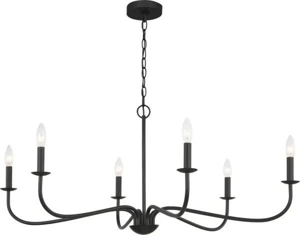 The Abells chandelier delivers impressive 40-inch width with a low-profile design, making it ideal for rooms with generous floor space but standard ceiling heights. Six candelabra bulbs provide ample illumination.