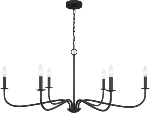 The Abells chandelier delivers impressive 40-inch width with a low-profile design, making it ideal for rooms with generous floor space but standard ceiling heights. Six candelabra bulbs provide ample illumination. - alternate view