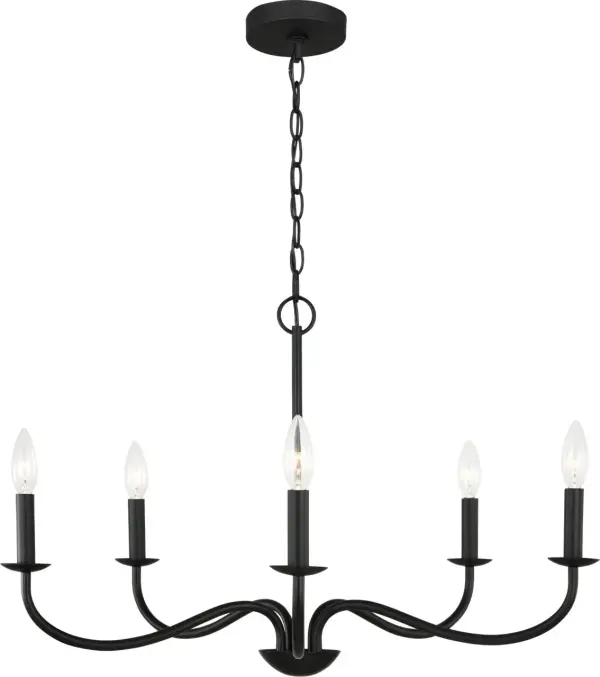 The Abells chandelier delivers sophisticated lighting with its 28-inch span and five gracefully curved arms. Its compact footprint and structural clarity make it ideal for smaller dining rooms, bedrooms, and foyers seeking refined illumination.