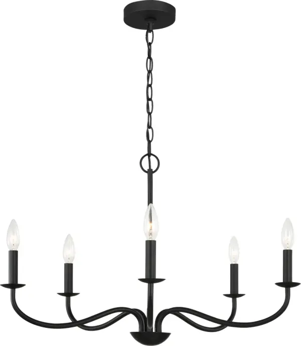 The Abells chandelier delivers sophisticated lighting with its 28-inch span and five gracefully curved arms. Its compact footprint and structural clarity make it ideal for smaller dining rooms, bedrooms, and foyers seeking refined illumination. - alternate view