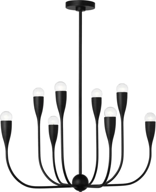 The Maya chandelier delivers dramatic visual impact through its radial eight-arm design. Each slender arm extends from a central hub with integrated metal shades providing upward illumination. Perfect for contemporary spaces requiring both sculptural presence and substantial light output.