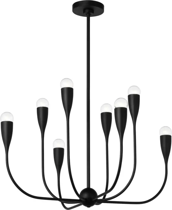 The Maya chandelier delivers dramatic visual impact through its radial eight-arm design. Each slender arm extends from a central hub with integrated metal shades providing upward illumination. Perfect for contemporary spaces requiring both sculptural presence and substantial light output. - alternate view