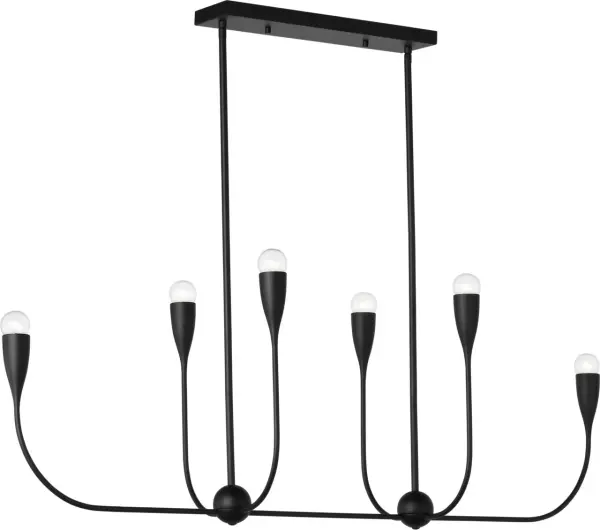 The Maya Linear Chandelier delivers contemporary sophistication with six evenly spaced upturned shades along arched arms. Its balanced dual-stem suspension and linear form make it ideal for dining tables and kitchen islands requiring structured lighting.