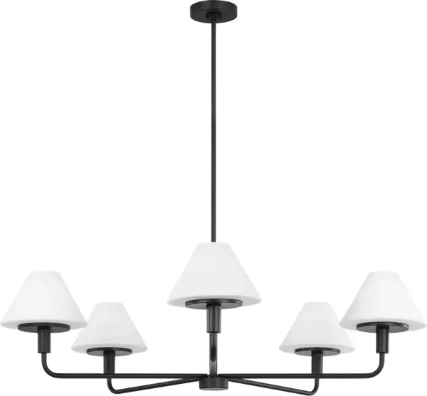 The Mendota chandelier delivers modern sophistication through angled white glass shades and linear armatures. Its orthogonal structure and compact bent arms create visual clarity while tapered diffusers provide soft, even illumination.
