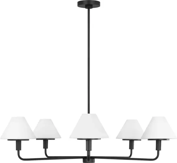 The Mendota chandelier delivers modern sophistication through angled white glass shades and linear armatures. Its orthogonal structure and compact bent arms create visual clarity while tapered diffusers provide soft, even illumination. - alternate view