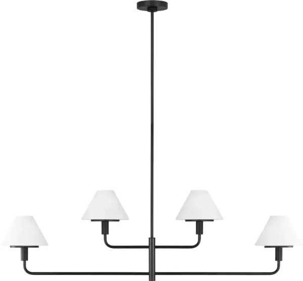 The Mendota chandelier brings contemporary sophistication with its two-tier linear structure and offset arms. White glass diffusers provide even illumination while the minimal stem design keeps sight lines clear.