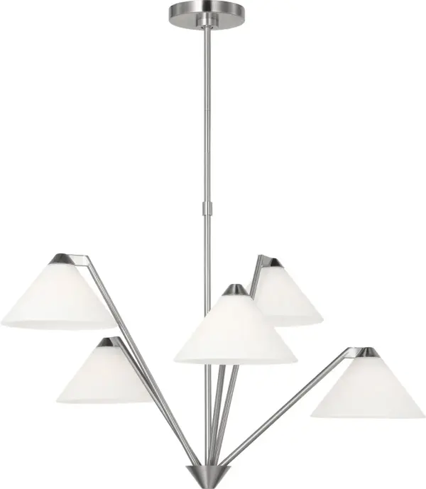 The Werley Large Chandelier brings contemporary sophistication with its multi-directional arms and triangular etched glass shades. Perfect for modern and transitional spaces, it offers sculptural visual interest while providing softened, diffused illumination.