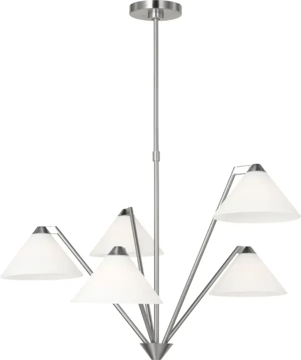 The Werley Large Chandelier brings contemporary sophistication with its multi-directional arms and triangular etched glass shades. Perfect for modern and transitional spaces, it offers sculptural visual interest while providing softened, diffused illumination. - alternate view