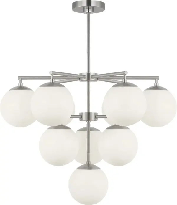 The Nube chandelier features ten layered milk glass globes in a balanced radial design that creates a stunning focal point. Its open silhouette and diffused lighting make it perfect for large living areas, dining rooms, and entryways.