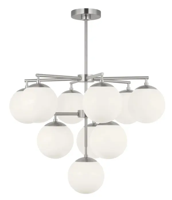 The Nube chandelier features ten layered milk glass globes in a balanced radial design that creates a stunning focal point. Its open silhouette and diffused lighting make it perfect for large living areas, dining rooms, and entryways. - alternate view