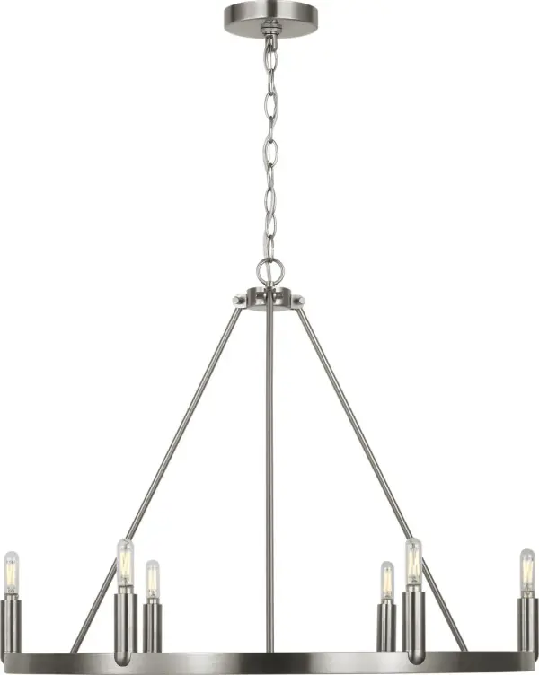 The Mirla Ring Chandelier combines minimalist geometry with candelabra-style lighting for a balanced, contemporary look. Its circular silhouette and exposed lamping create ambient glow while maintaining architectural clarity across various interior styles.